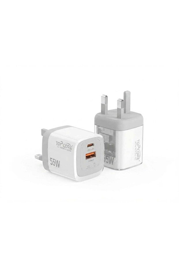 TOP CORE 55W Transparent Fast Charger Kit - Dual Port QC 3.0 & PD Wall Adapter with UK 3-Pin Plug, White
