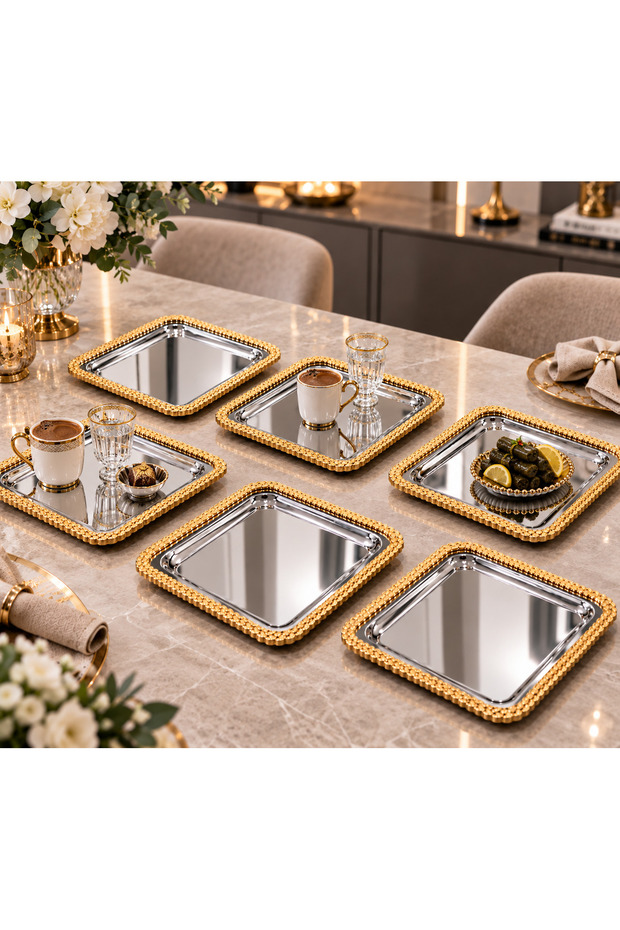 6-Piece Luxury Gold Wicker Mesh Detailed Silver Square Tray for Promise, Engagement, Dowry, Coffee, Tea Presentation