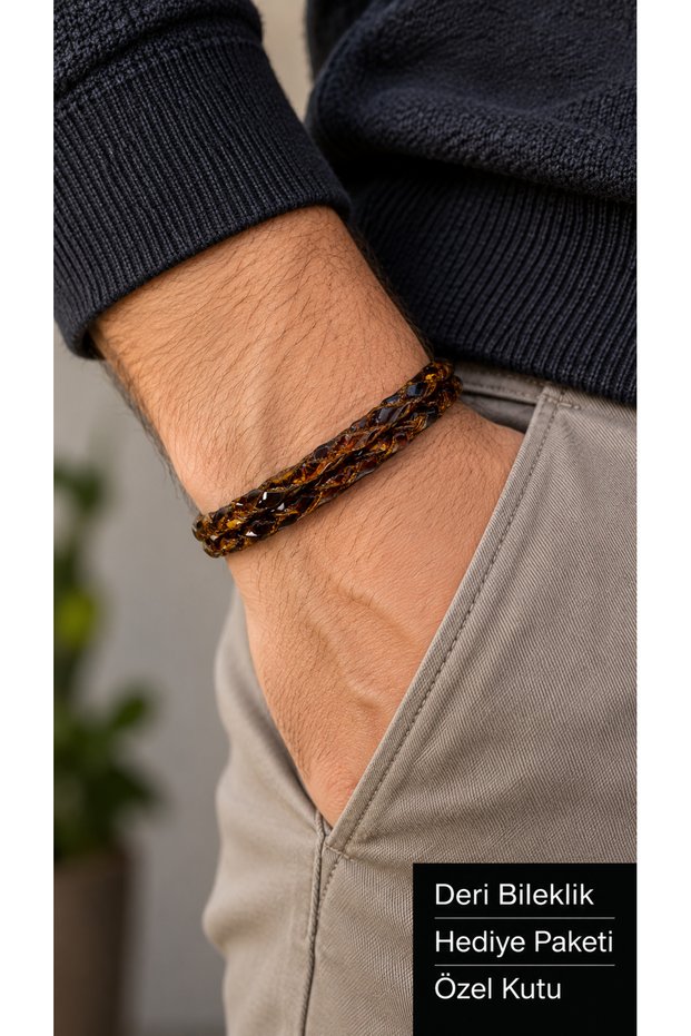 Calvessa Emberlace Brown Leather Men's Bracelet - Double Braided Textured Design
