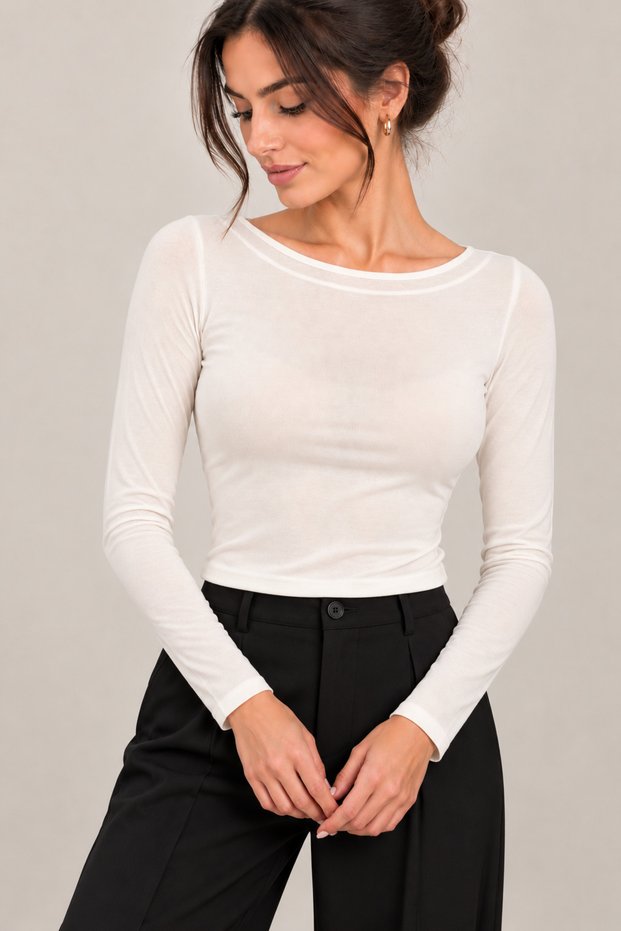 Women's Wide Crew Neck Skirt Hem Oval Cut Soft Long Sleeve Blouse Cty-Abr-6337