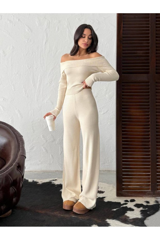 Women's Black Boat Neck Blouse and Pants Set