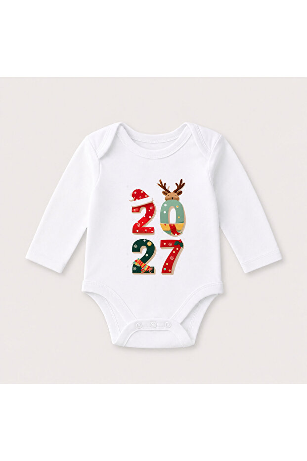 2027 New Year Santa Claus Christmas Printed Cotton Long Sleeve Snap Fastener Baby Bodysuit Undershirt Jumpsuit