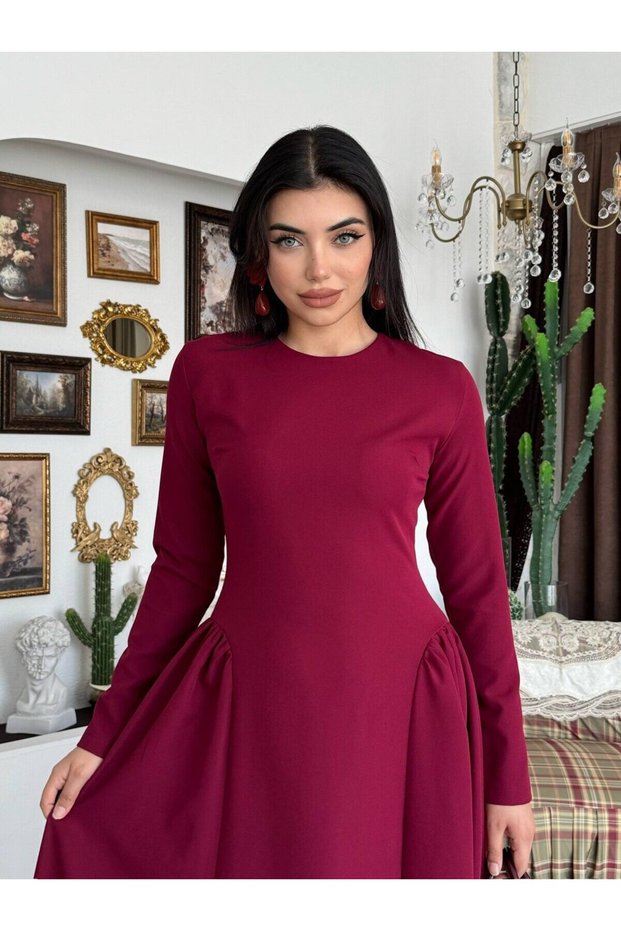 Women's Burgundy Midi Dress with Crew Neck, Long Sleeves and Gathered Flared Skirt