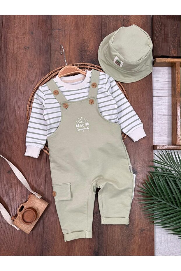 "Let's Go Camping" Hat and Salopet 3-Piece Set for Baby Boy