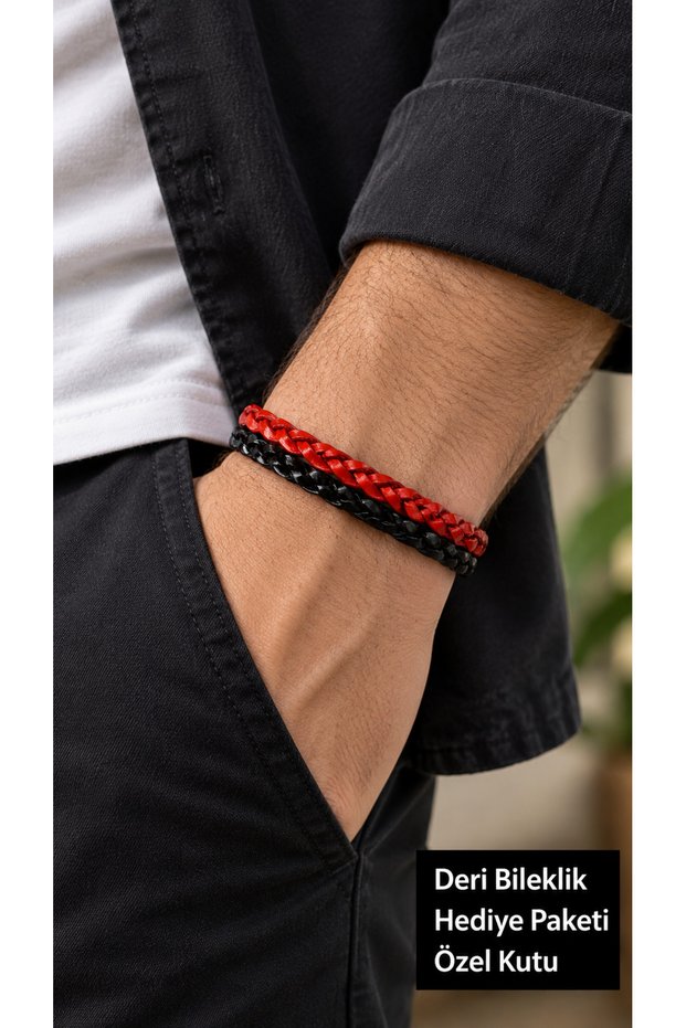 Rovellis Crimsonline Red Black Leather Men's Bracelet - Double Braided Design