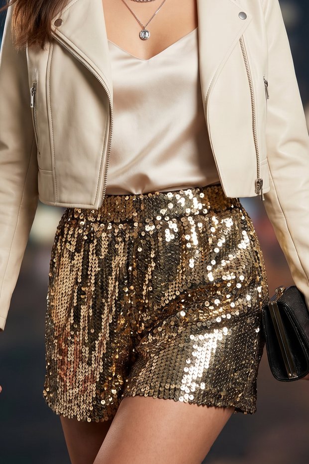 Reflective High Waist Sequin Flowy Sequin Sequined Elastic Waist Glitter Mini High Waist Combination Night Cocktail Shorts
