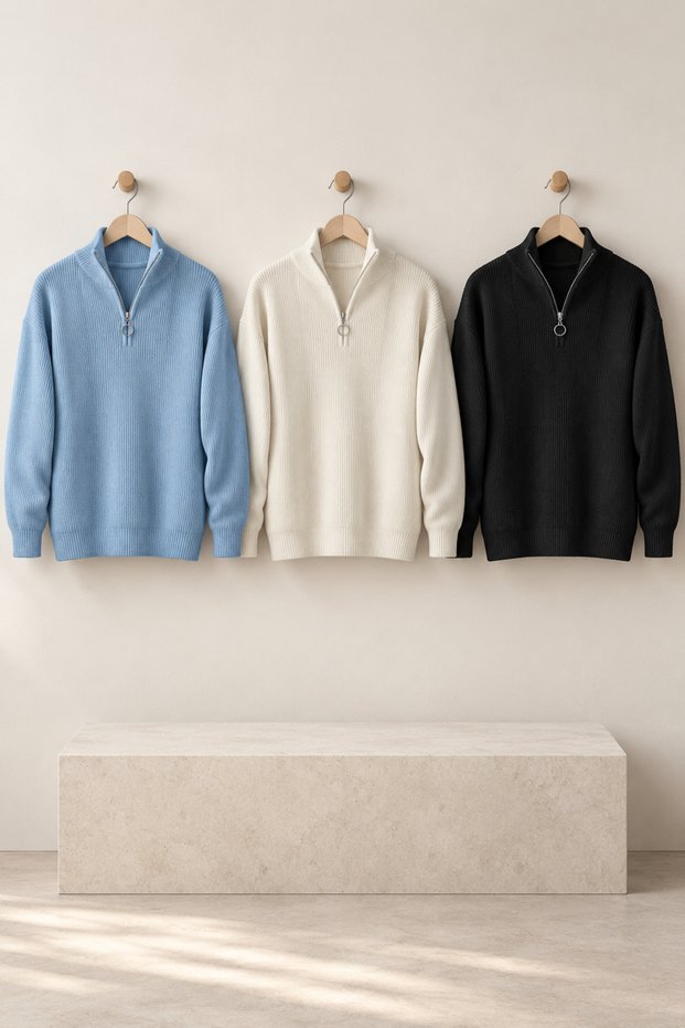 3-Pack Men's Stand Collar Long Sleeve Zippered Knit Sweater