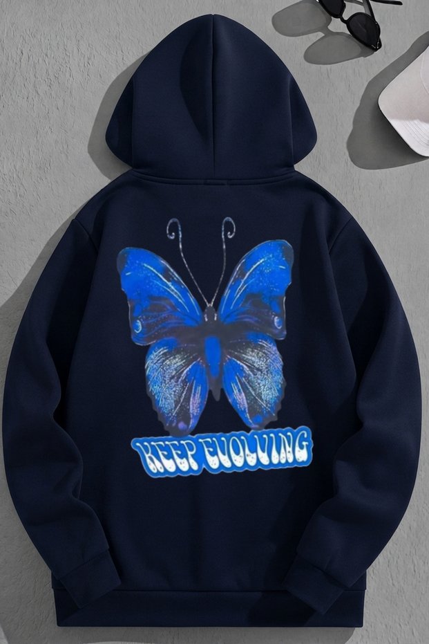 Unisex 3 Thread Cotton Navy Blue Keepevolwing Print Loose Fit Sweatshirt Hoodie