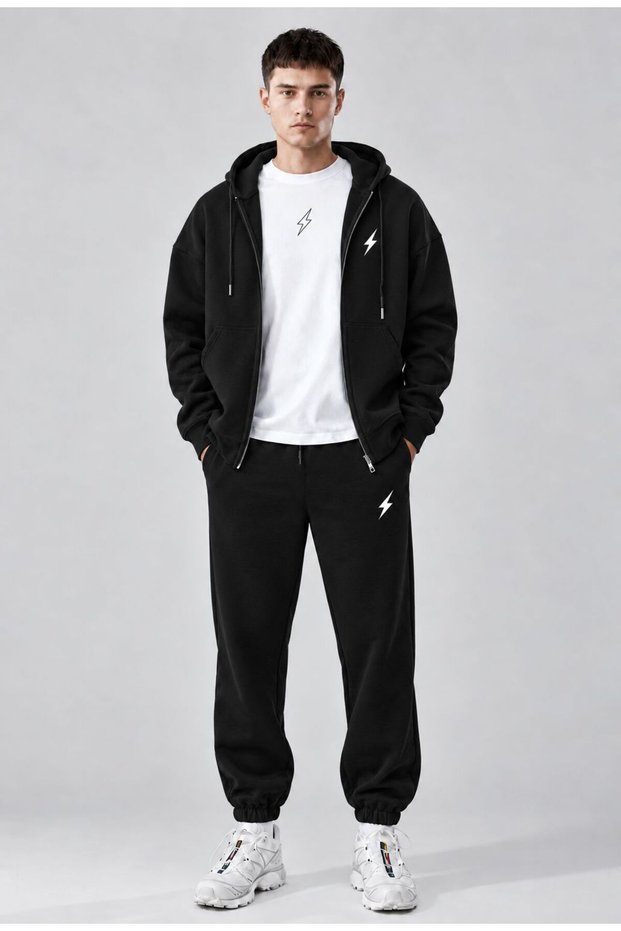 Men's Printed Oversize Zipper Hooded Sweatshirt, Crew Neck T-Shirt and Rubber Cuff Sweatpants Three-Piece Set
