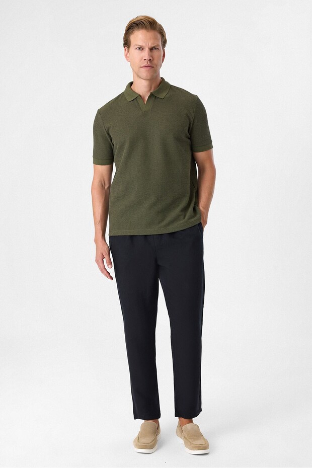 V-Neck Polo Collar Khaki Vaffle T-Shirt