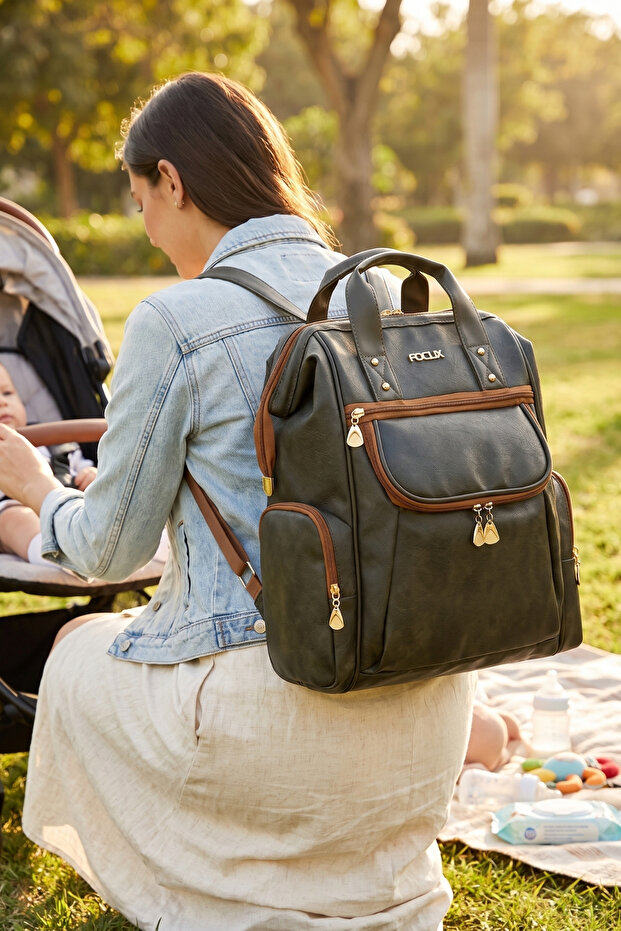 Premium Leather Mother Baby Care Bag Green