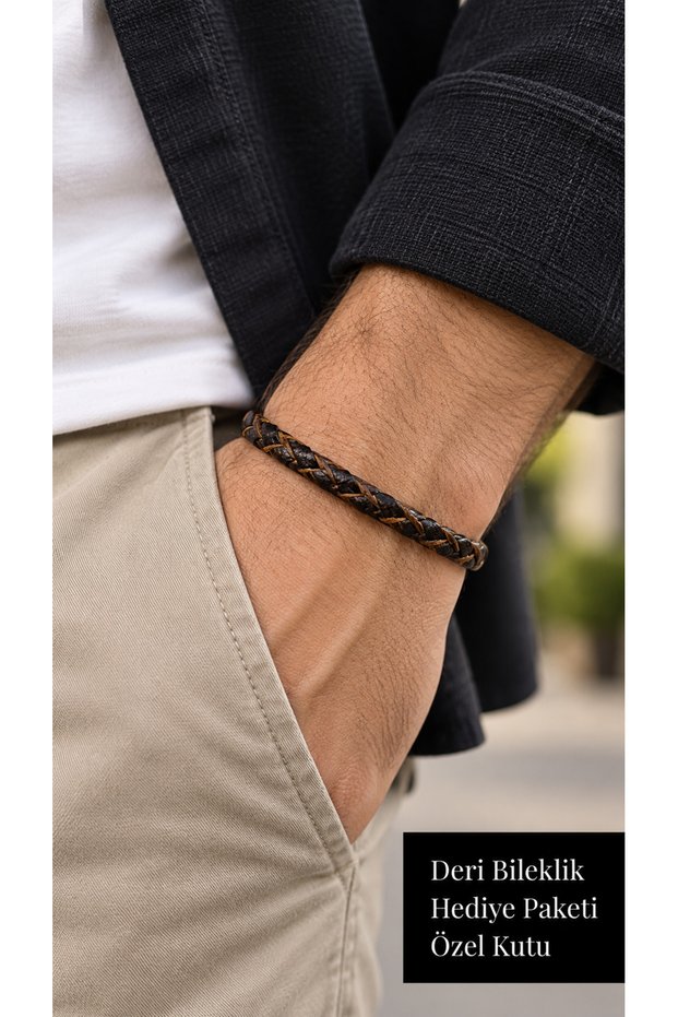 Merzavio Chestbraid Brown Leather Men's Bracelet - Black Double Braid and Metal Clasp