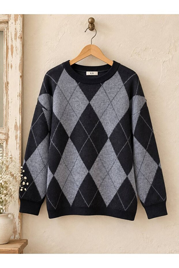 Diamond Patterned Black-Grey Knitwear Sweater