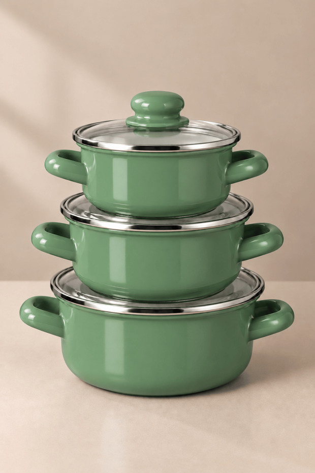 6-Piece Enamel Cookware Set – Green 3-Piece Cookware Set with Glass Lids, 12/14/16 cm