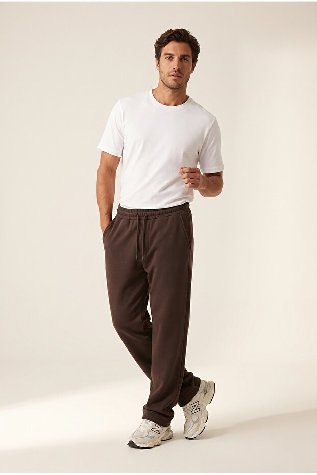 Men's Brown 6205 3 Thread Flat Leg Sweatpants
