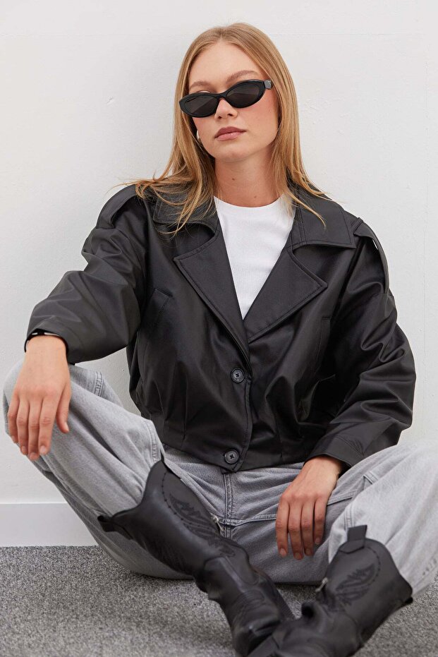 Pleated Double-Breasted Collar Oversize Faux Leather Jacket