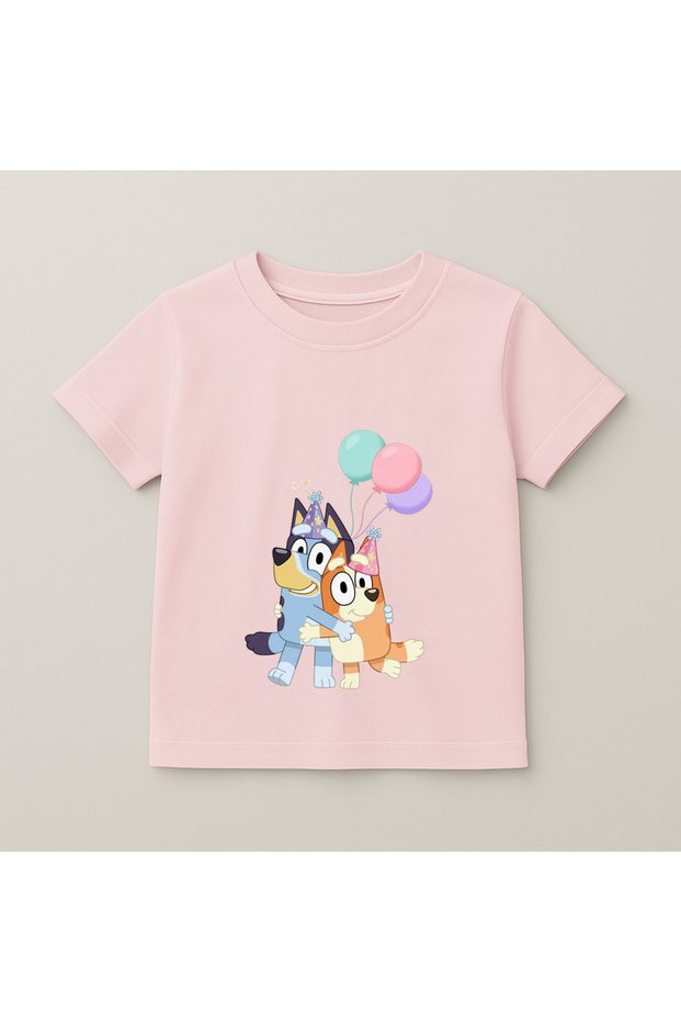 Bluey and Bingo Pastel Balloon Printed Kids T-Shirt 100% Cotton Pink