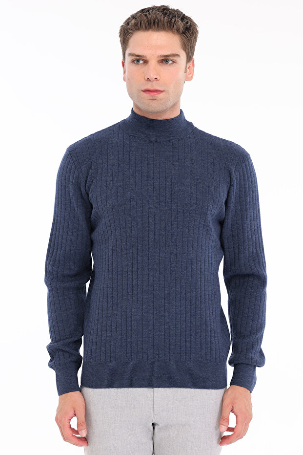 İndigo Men's 80% Wool 20% Acrylic Ribbed Knit Half Turtleneck Sweater Trist-5372