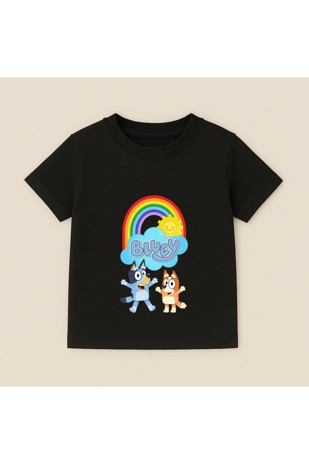 Bluey Rainbow Birthday Printed Kids T-Shirt 100% Cotton Black