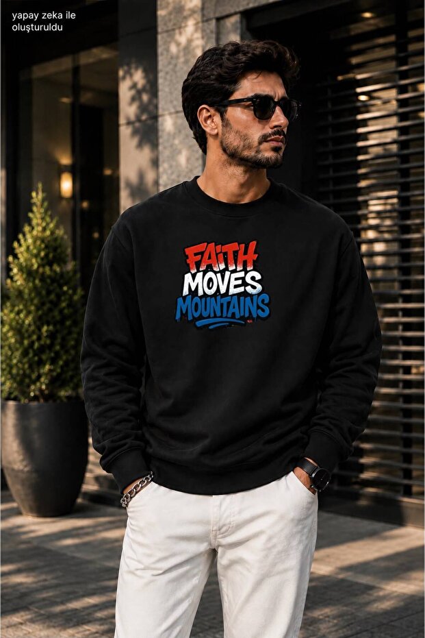 Erkekaith Moves Mountains Graffiti Typographic Printed Crew Neck Casual Regular Fit Sweatshirt