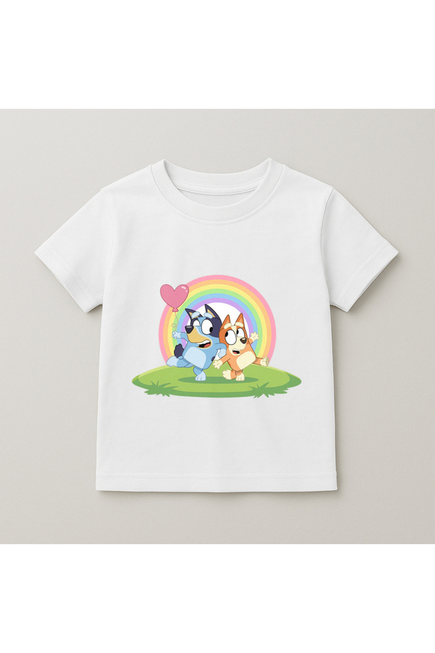 Bluey Rainbow Grass Printed Kids T-Shirt 100% Cotton White