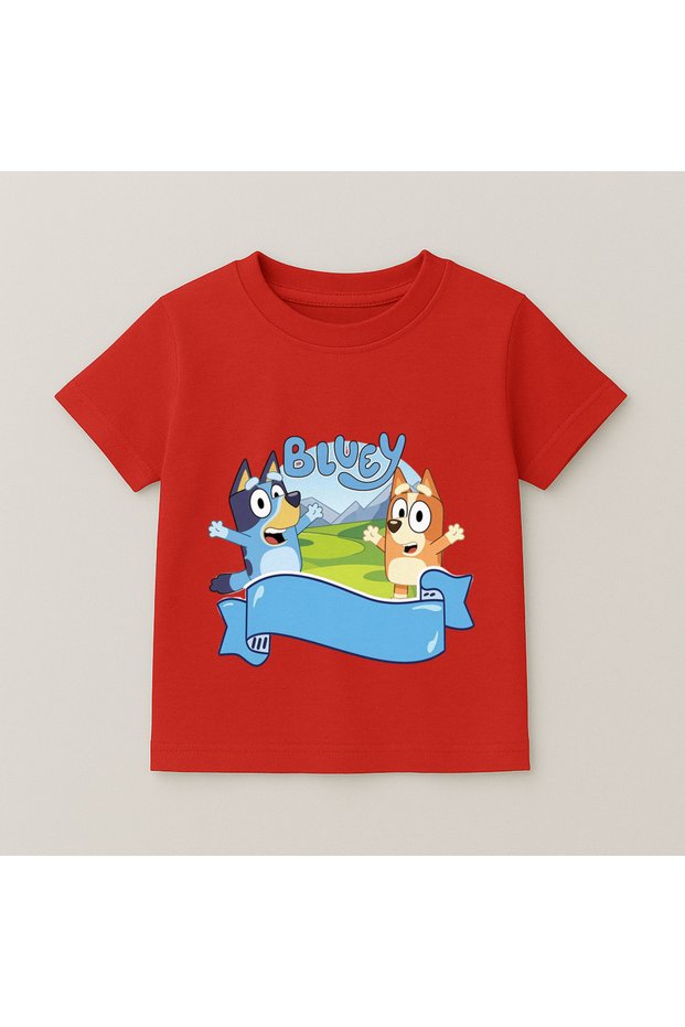 Bluey and Bingo Bed Printed Children's T-Shirt 100% Cotton Red