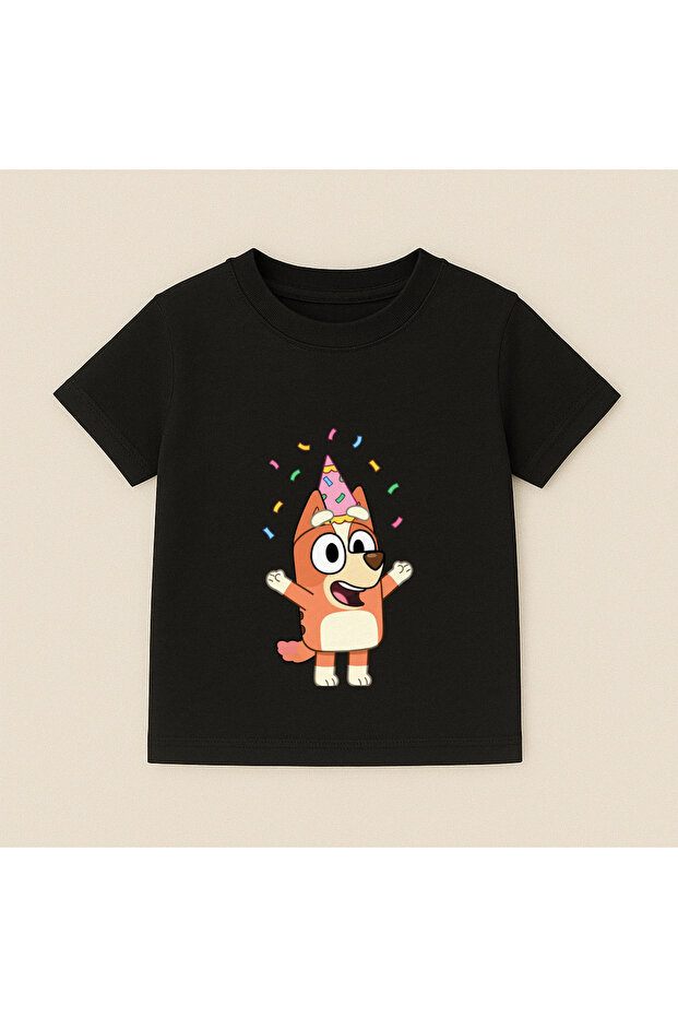 Bluey Bingo Party Hat Printed Kids T-Shirt 100% Cotton Black