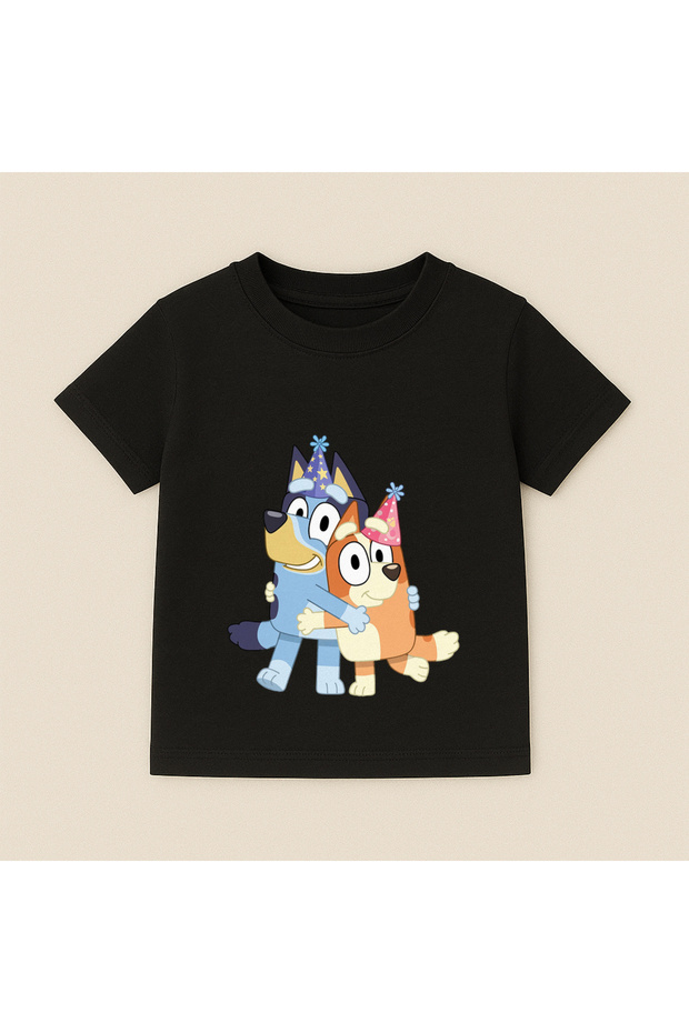 Bluey and Bingo Party Hat Printed Kids T-Shirt 100% Cotton Black