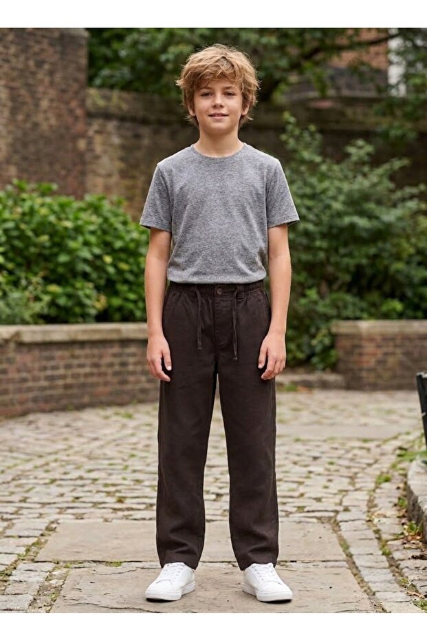 Comfortable Cut Gabardine Trousers with Elastic Waist and Lace Detail