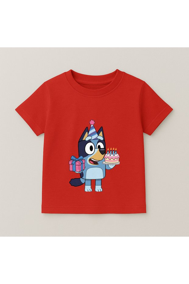 Bluey Birthday Cake Printed Children's T-Shirt 100% Cotton Red
