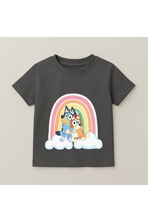 Bluey Rainbow Cloud Printed Children's T-Shirt 100% Cotton Smoked
