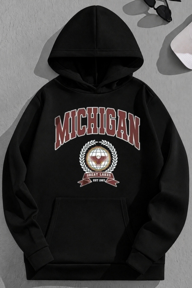 Unisex 3 Thread Cotton Black Michigan Print Loose Fit Sweatshirt Hoodie