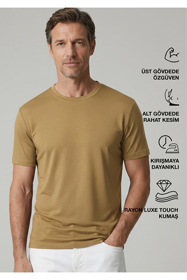 Cappadocia | Brushed Rayon Fluid - Ribbed Collar - Qsimple Muscle Fit Hide Belly Tshirt - Camel