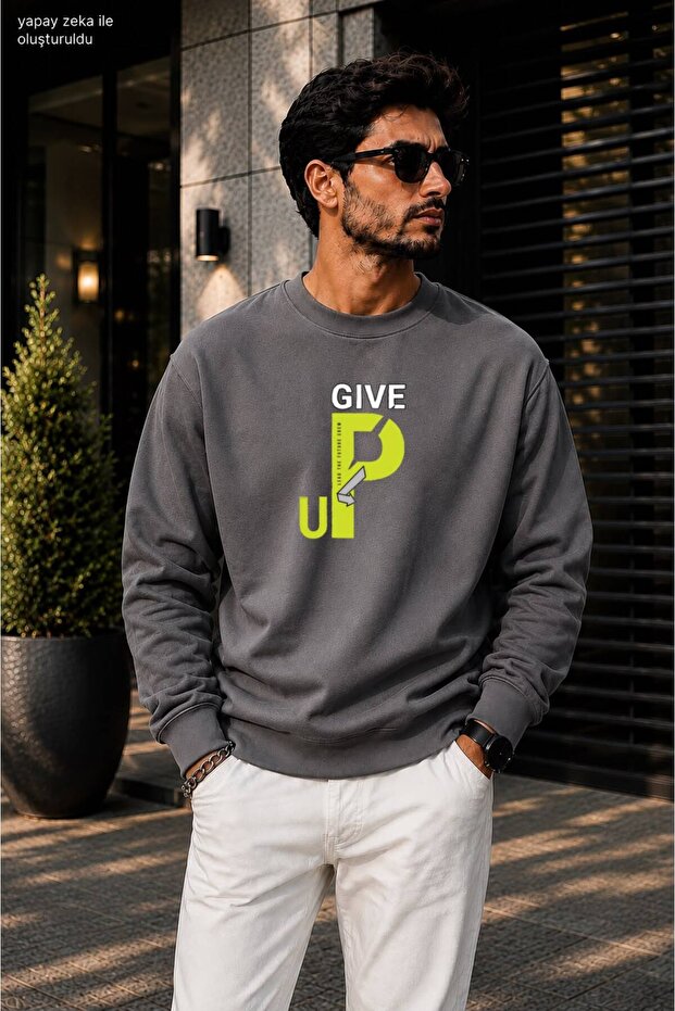Men's Give up Neon Typographic Printed Crew Neck Casual Regular Fit Sweatshirt