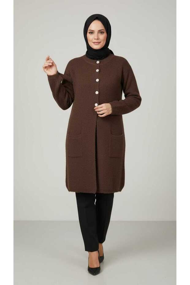 Women's Angora Cardigan with Buttoned Pockets for Middle-Aged and Older Women
