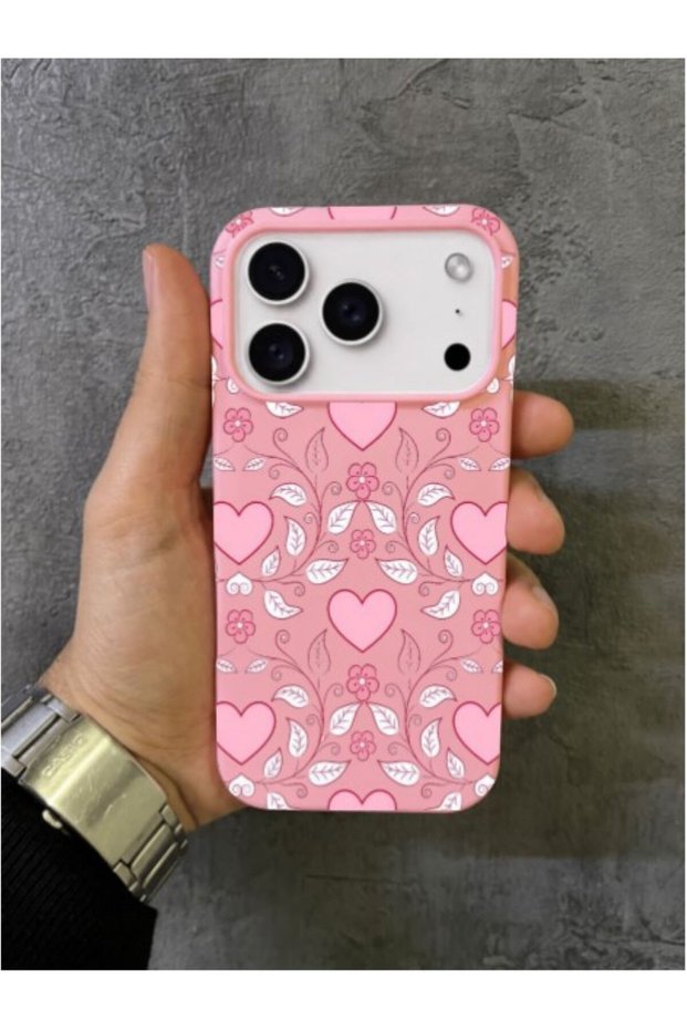 iPhone 17 Pro Max Compatible Pink Case with Floral Leaf Ivy and Heart Pattern Design