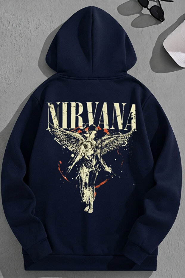 Unisex 3 Thread Cotton Navy Blue Nirvana Print Loose Fit Sweatshirt Hoodie