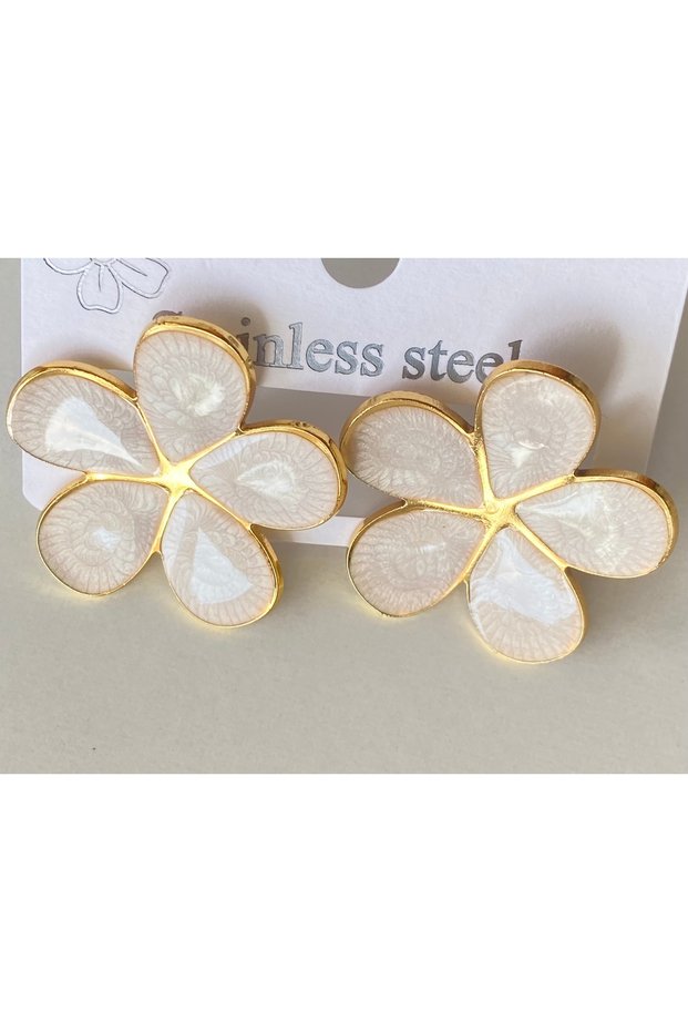 Earrings- Flower-Embellished Steel Cream Color Enamel Earrings