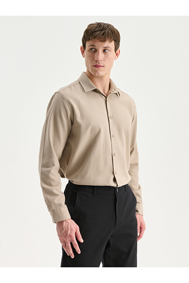 Beige Regular Fit Long Sleeve Dobby Men's Shirt