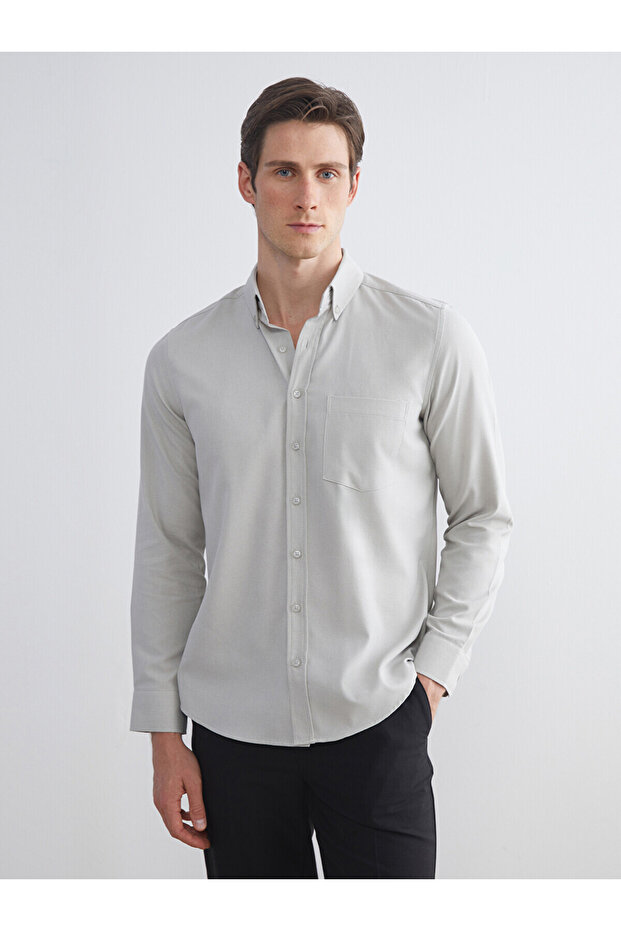 Lcwaikiki Classic Beige Regular Fit Long Sleeve Dobby Men's Shirt