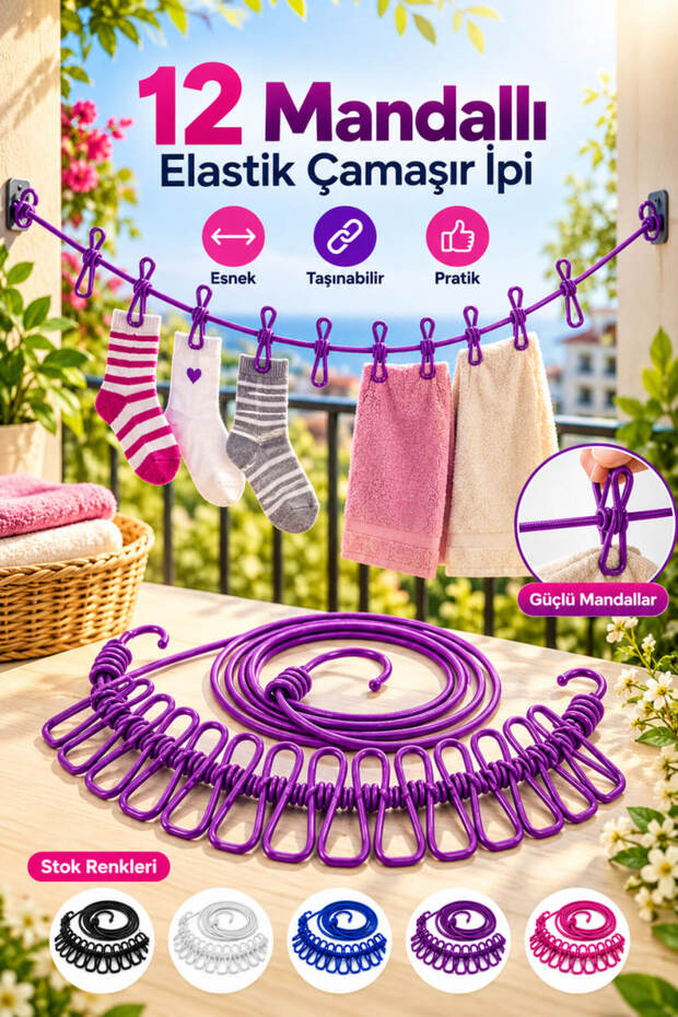 Portable Clothesline with 12 Fixed Pegs | Space-Saving Drying Line for Travel, Camping, Hotel, and Balcony