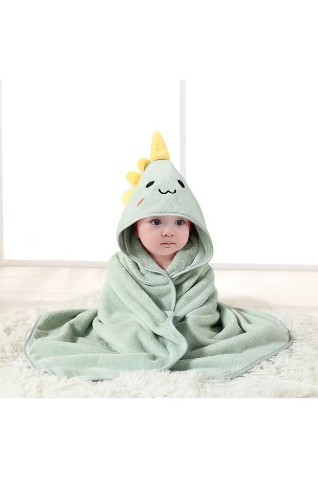 Dinosaur Baby Bath Towel with Hood, Light Green, Soft Microfiber, 80 x 80 cm, Quick Dry, 0-2 Years