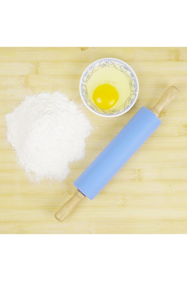 Silicone Non-Stick Pastel Blue Rolling Pin - 30.5 cm Ergonomic Wooden Handle Pastry & Dough Roller (Merdane
