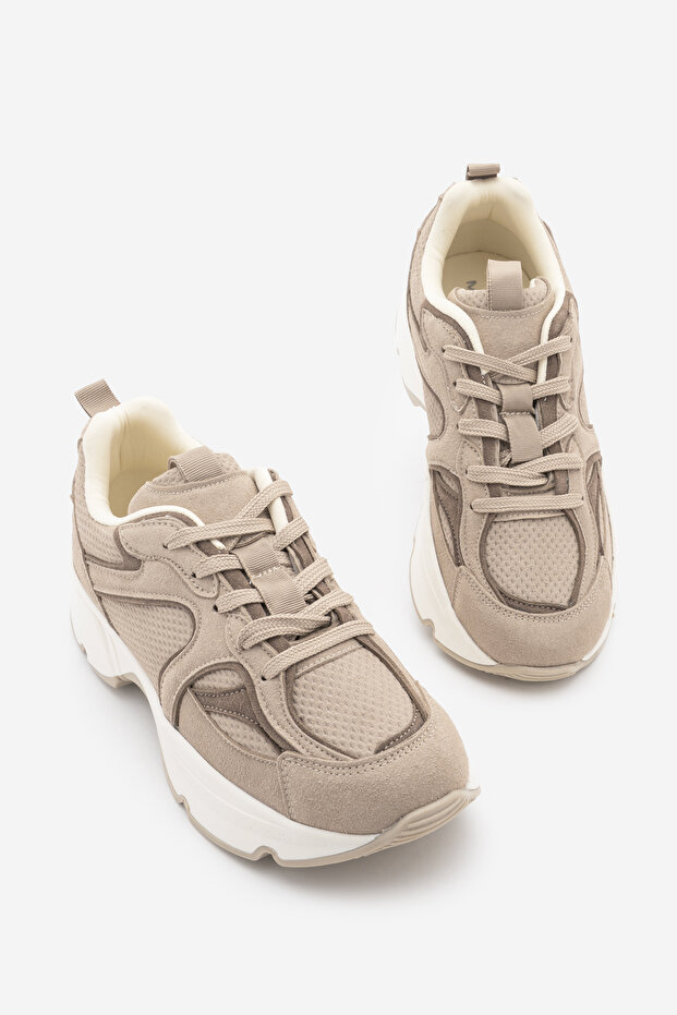 Women's Suede Textured Mesh Detailed Multi-Piece Thick Sole Lace-Up Casual Sneaker Terita Beige Suede