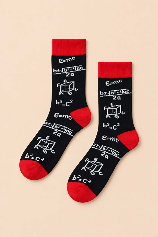 Mathematical Formulas Patterned Black Red Unisex Socks