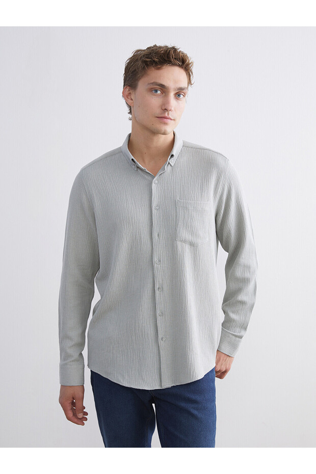 Lcwaikiki Classic Green Regular Fit Long Sleeve Dobby Men's Shirt
