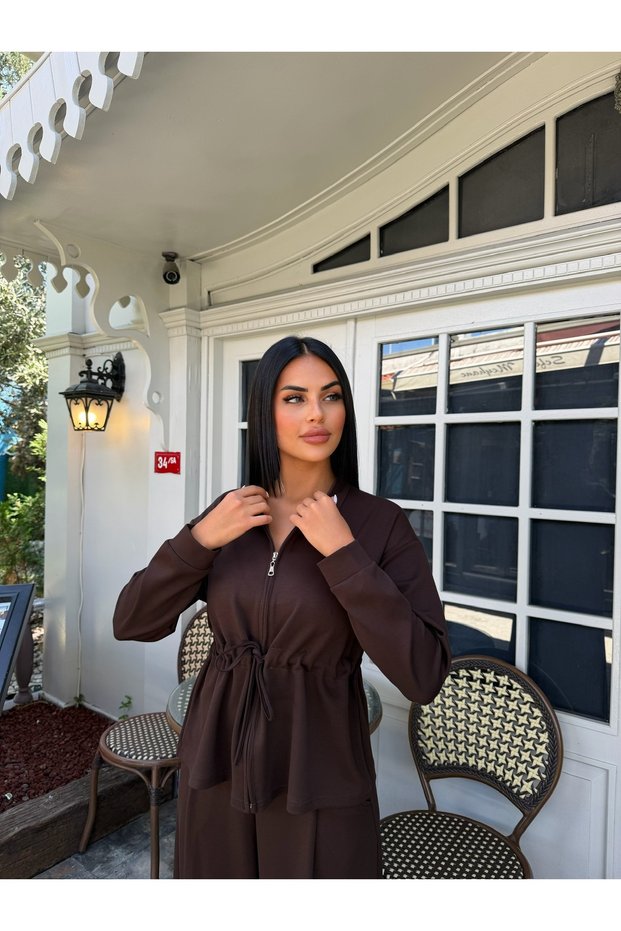 Women's Zippered Polo Collar, Drawstring Waist, Wide Leg Two-Piece Set