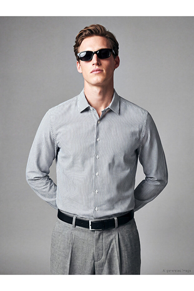 Southblue Navy Blue Regular Fit Striped Gabardine Men's Shirt