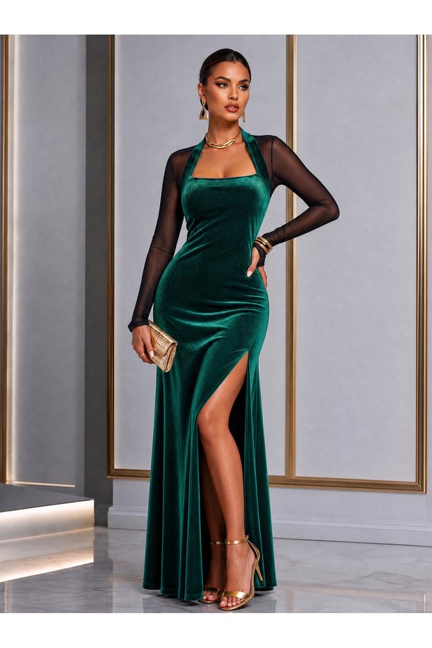 Velvet Elegance! Women's Square Neck Velvet Evening Dress with Tulle Sleeves and Transparent Slits