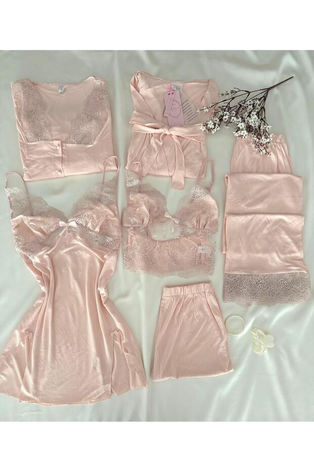 8-Piece Effervescens Powder Boxed Covered Nightgown, Dressing Gown, Pajamas, Dowry Set